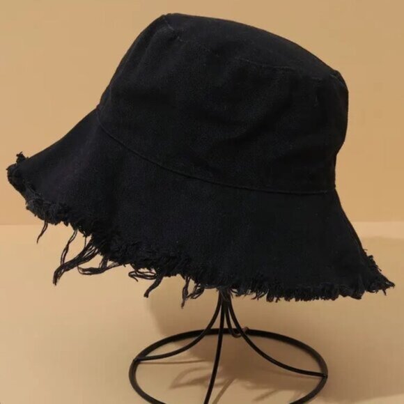 Frayed-Edge Distressed Women' s Cotton Black Bucket Hat - Picture 2 of 5